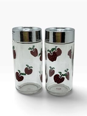 Vintage Anchor Hocking Applejack Salt Pepper Shakers Plaid Apple Glass IDI